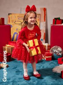 年轻女孩圣诞雪花印花长袖金属网眼撞色连衣裙，圣诞连衣裙