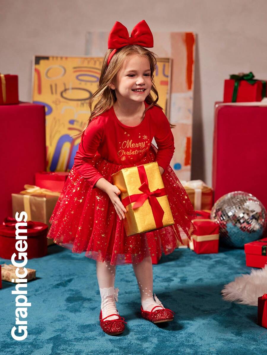 年轻女孩圣诞雪花印花长袖金属网眼撞色连衣裙，圣诞连衣裙