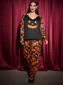SHEIN SXY Комплект із 2 предметів одягу на Хелловін для жінок великих розмірів, топ і штани з V-подібним вирізом, рукавами реглан і принтом гарбузів та кажанів - Помаранчевий - Переглянути 8