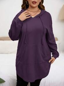 SHEIN Privé Plus Size Women's Solid Color Drop Shoulder Long Sleeve Drawstring Hooded Casual Sweatshirt In Spring To Summer Fall - Purple - View 6