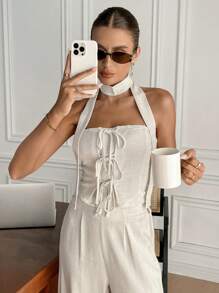 SHEIN Frenchy Áo crop top không tay buộc dây phía trước màu trơn mùa hè cho nữ - Màu be - Xem 4