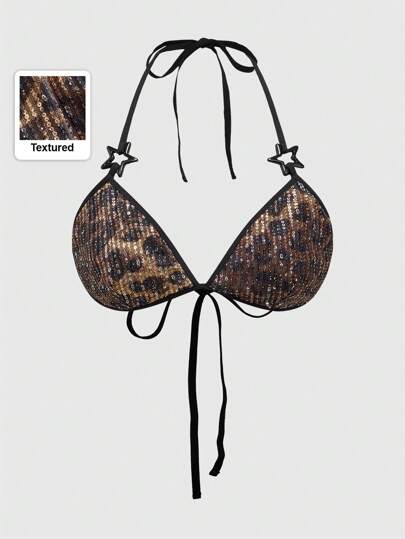 J-Fashion Gyaru Halter Tie Back Glittery Leopard Print Triangle Bra Casual Beach Wear