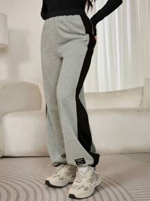 Mulvari Pantaloni casual pentru femei, culoare contrastantă, cu mozaic, design simplu