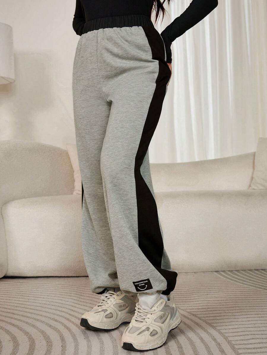 Mulvari Women Contrast Color Patchwork Simple Design Casual Pants - Grey - View 1