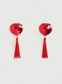 ROMWE Avant 1pair Glitter Sequin Heart Shaped Tassel Nipple Pasties, For Rave