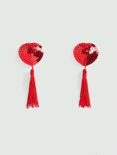ROMWE Avant 1pair Glitter Sequin Heart Shaped Tassel Nipple Pasties, For Rave