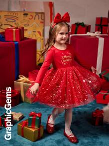 年轻女孩圣诞雪花印花长袖金属网眼撞色连衣裙，圣诞连衣裙