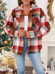 SHEIN Essnce Women's Loose Red And White Plaid Corduroy Coat,Christmas Autumn Long Sleeve Drop Shoulder Jacket With Pocket,Casual Stylish Occasion Commuting Wear - Multicolor - View 1