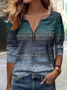 INAWLY 女士春秋季全印花拉链半襟长袖休闲 T 恤图案 T 恤女式春季服装上衣