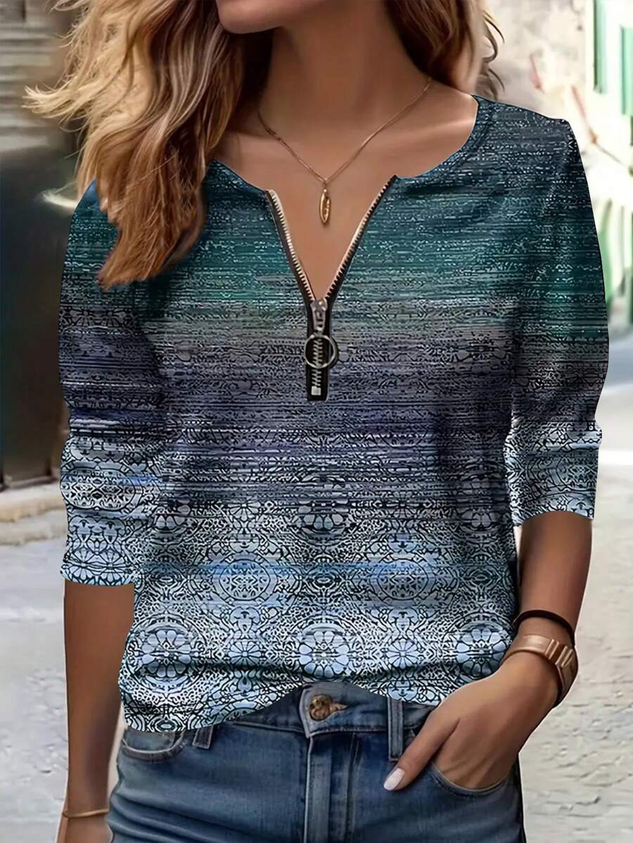 INAWLY 女士春秋季全印花拉链半襟长袖休闲 T 恤图案 T 恤女式春季服装上衣