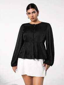 SHEIN EZwear Plus Size Women Fall Daily Casual Loose Fit Bowknot Shirt, Workplace Lightweight Shiny Satin Blouse - Black - View 1