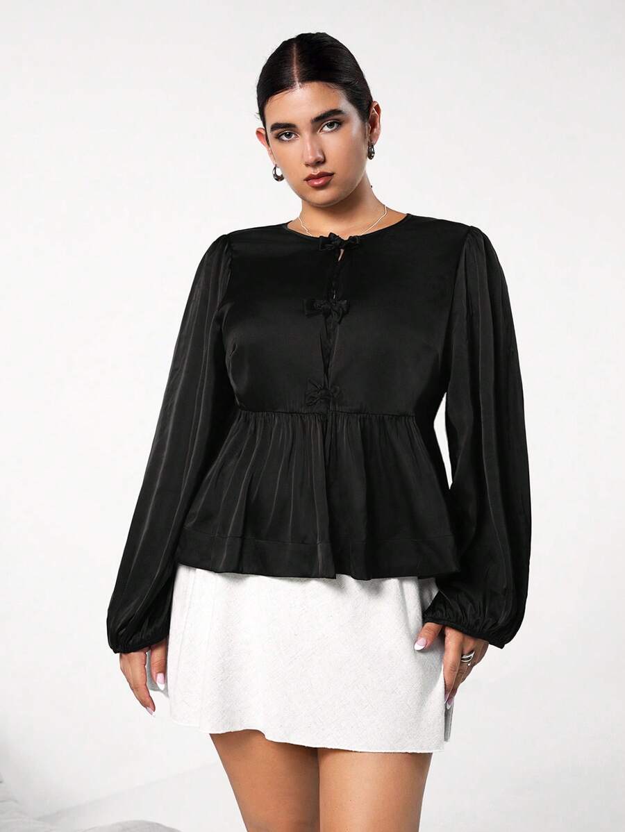 SHEIN EZwear Plus Size Women Fall Daily Casual Loose Fit Bowknot Shirt, Workplace Lightweight Shiny Satin Blouse - Black - View 1