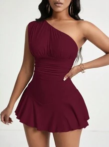 Zolique Women's Shoulder Strap Ruffle Trim Bodycon Romper