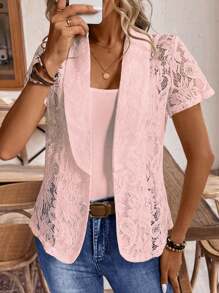 SHEIN LUNE 開襟短袖外套，夏季披肩領設計 - 粉色 - 查看 4