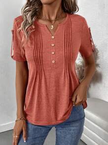 SHEIN LUNE V-Ausschnitt Knopfverschluss Lässig Regular Kurzarm T-Shirt - Rot - Übersicht 4