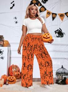 SHEIN LUNE Plus Size Women Halloween Skull Printed Elastic Waist Loose Wide Leg Casual Pants Fall Cloth For Women