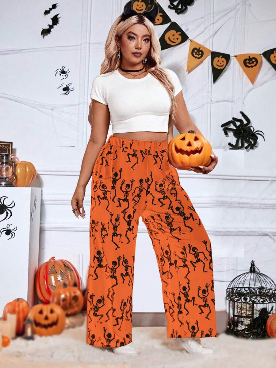 SHEIN LUNE Plus Size Women Halloween Skull Printed Elastic Waist Loose Wide Leg Casual Pants Fall Cloth For Women