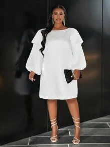 Slaydiva Vestido Midi de Cetim Branco Solto de Manga Lanterna Elegante e Apropriado para Festas, Encontros e Reuniões, Para Mulheres Plus Size, Primavera Outono - Branco - Visão 3
