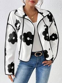 SHEIN Essnce 冬季黑色花卉女式花卉印花纽扣前高领外套，冬季 - 黑與白 - 查看 3