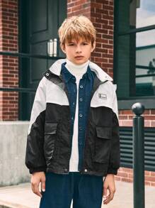 SHEIN Tween Boy 拼色袋鼠口袋连帽棉服外套，冬季 - 黑與白 - 查看 1