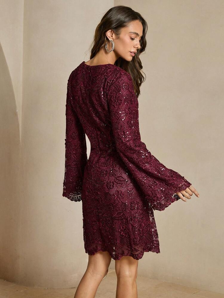 Women's Burgundy V-Neck Long Sleeve Midi Dress, Vintage Floral Embroidered Details, Elegant Party Wear, Autumn/Winter Lace Women Outfit