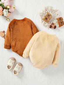 SHEIN 2pcs Newborn Baby Girl Adorable Fuzzy Cartoon Print Long Sleeve Bodysuit Set, Autumn & Winter - Multicolor - View 2