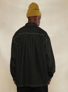 SUMWON Oversized Fit Denim Shirt With Contrast Stitching - Black - View 2