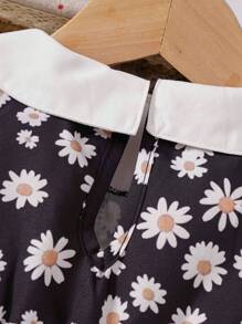 Young Girl' Cute Floral Print Ruffle Collar Lantern Sleeve Dress, Spring/Fall - Black - View 5