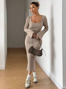 SHEIN EZwear Váy len dài, ấm áp cho mùa thu/đông - Màu Khaki - Xem 4