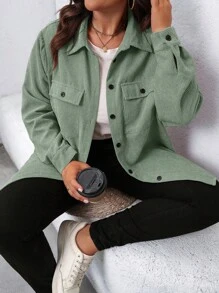 SHEIN LUNE Plus Size Women's Solid Color Long Sleeve Utility Pocket Casual Jacket, Spring & Fall Winter Autumn - Mint Green - View 5