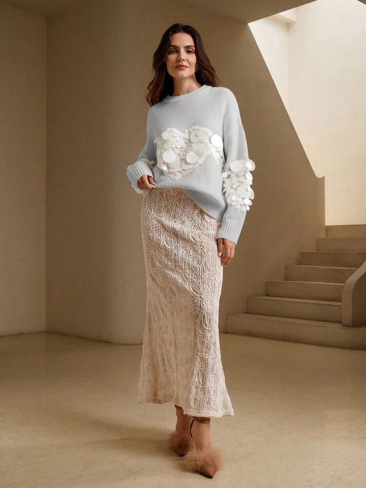 Hand-Embellished Bead & Sequin Soft Knit Sweater Knit Pullover Fall Winter