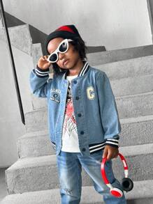1 set Chaqueta de béisbol casual de mezclilla para niños, diseño bordado, uso diario