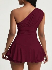 Zolique Women's Shoulder Strap Ruffle Trim Bodycon Romper