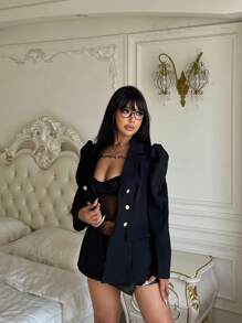 Flirla 大码女式泡泡袖高腰缺口翻领双排扣时尚西装外套