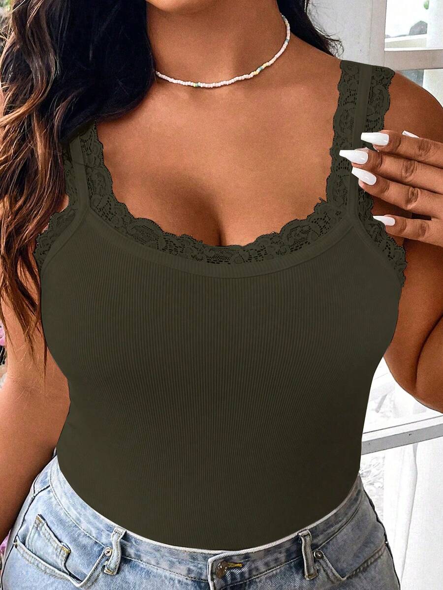 Flirla 大码女式夏季纯色撞色蕾丝圆领修身背心 - 軍綠色 - 查看 1