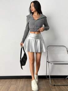 SHEIN EZwear Falda de mujer con shorts internos de PU - Plateado - Ver 6