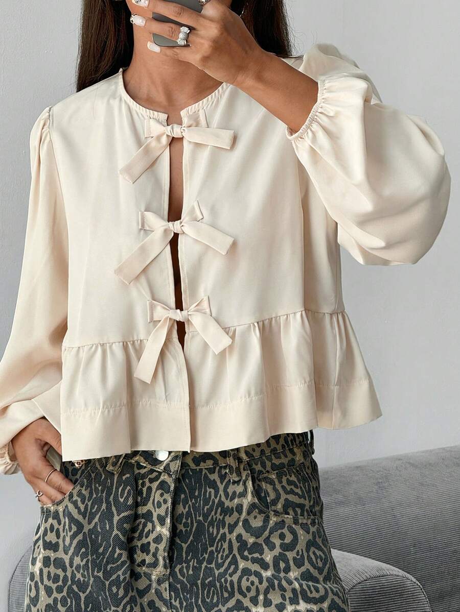 SHEIN EZwear Spring/Summer New Chiffon Women Petal Sleeve Bow Tie Casual Vacation Shirt Tie Front Blouse Lantern Sleeve Blouse Cream Blouse Ruffle Blouse Tie Up Shirt - Apricot - View 1