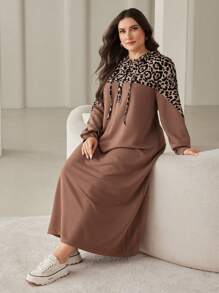 Lacomfia Vestido largo de manga larga con capucha y cordón de ajuste con estampado de leopardo, estilo modesto árabe, para mujer talla grande, para primavera/otoño