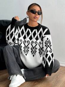 SHEIN Unity Women's Geometric Pattern Long Sleeve Casual Jacquard Knit Sweater, Autumn/Winter, Knit Pullover Fall - Black and White - View 5