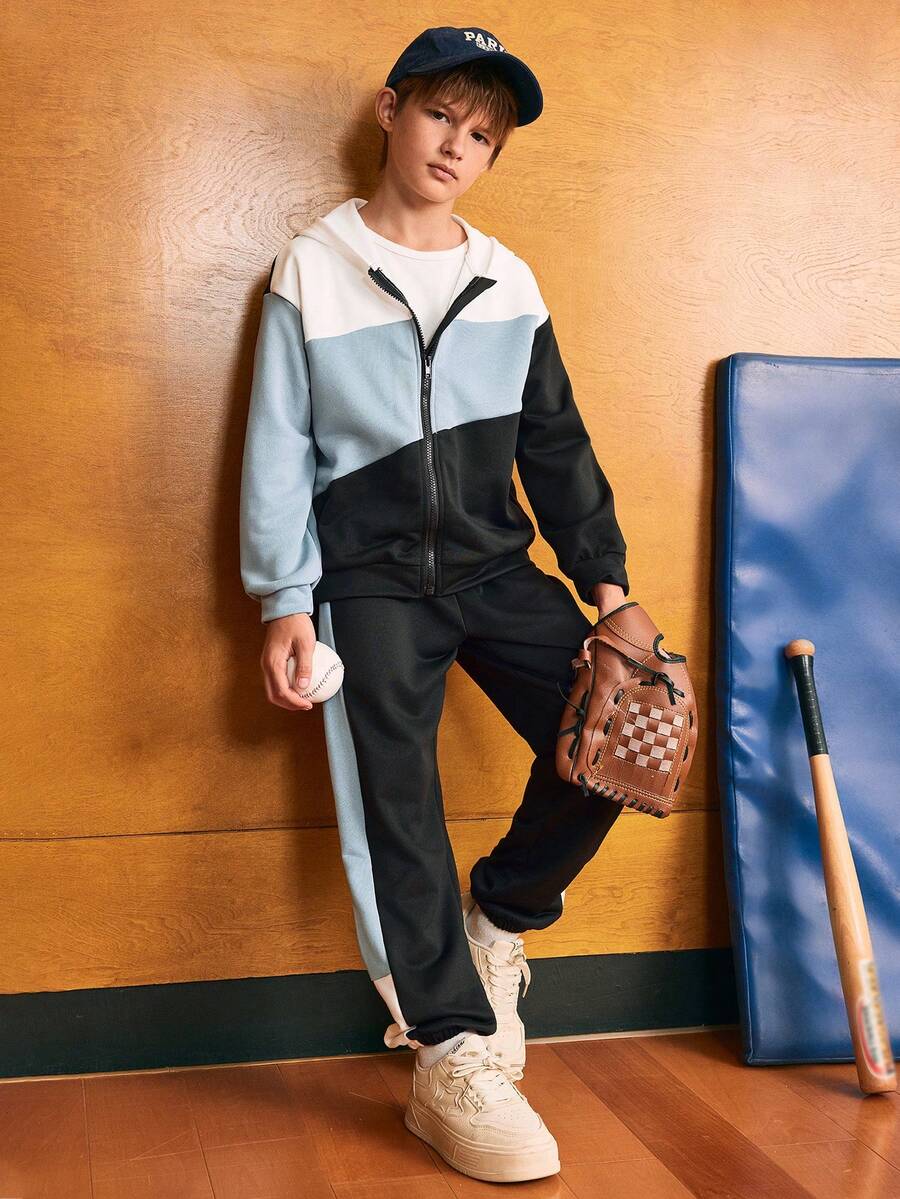 SHEIN Explorewe 两件套青少年男童运动撞色连帽外套和针织运动裤套装，适合秋冬季穿着 - 黑色 - 查看 1