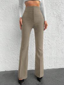 EURMUSE Plain High Waisted Simple Fitted Regular Casual Pants - Mocha Brown - View 1