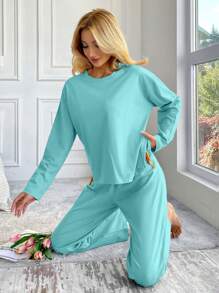EURMUSE Women's Solid Color Crew Neck Long Sleeve Top & Pants Pajama Set - Baby Blue - View 5