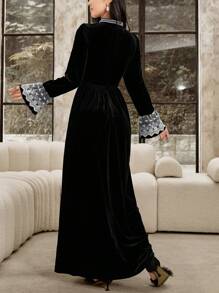 Modelyn Women's Elegant Velvet Dress With Lace Embroidery Patchwork, Princess Style Maxi Women Outfit Long Evening Dresses Fall Cloth For Women - Black - View 2