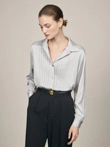 BizChic Grey Satin Finish Long Sleeve Blouse, Elegant Women's Outwear For Party, Holiday, Christmas, New Year, Autumn/Winter, - Grey - View 6