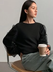 FRIFUL Women Fashion Polka Dot Mesh Contrast Black T-Shirt