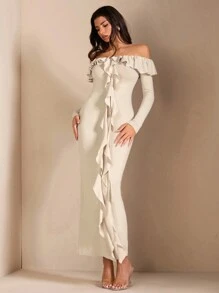 SHEIN BAE 女士荷叶边露肩长袖浪漫甜美舞会派对海滩度假性感连衣裙、长袖短款上衣、俱乐部女士服装 - 卡其色 - 查看 1