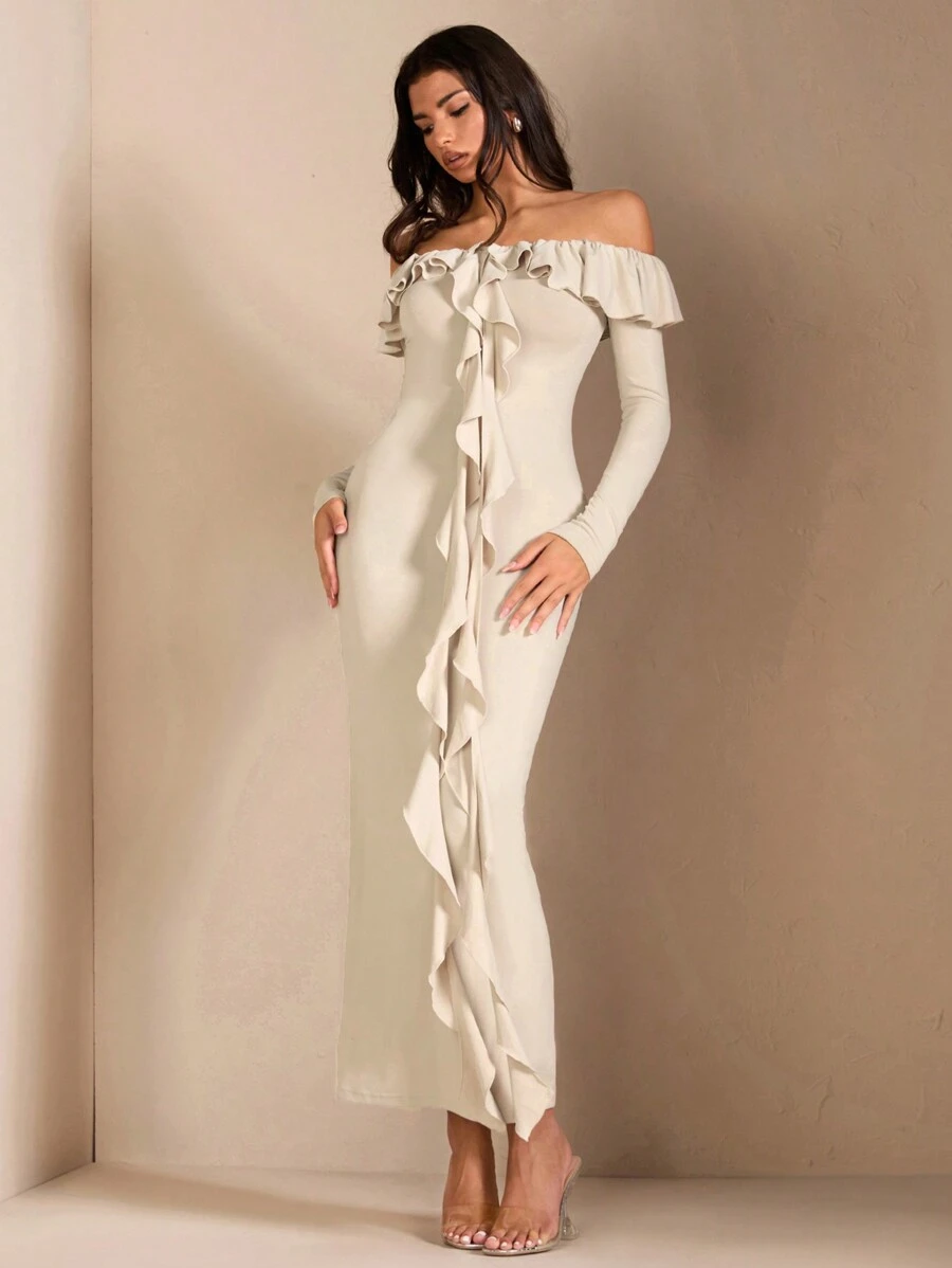 SHEIN BAE 女士荷叶边露肩长袖浪漫甜美舞会派对海滩度假性感连衣裙、长袖短款上衣、俱乐部女士服装 - 卡其色 - 查看 1