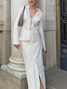 INAWLY 2 pièces Set élégant pour femmes avec chemise à manches longues à nœud devant de couleur unie et jupe midi avec ourlet fendu pour le printemps et l'automne