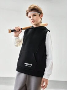 SHEIN 2 件套青少年男孩连帽印花口袋运动舒适自由训练夹克和圆领长袖上衣套装，秋冬季