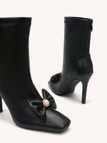 CUCCOO CHICEST 方头细高跟鞋复古设计蝴蝶结短靴搭配连衣裙，新款女式踝靴配后拉链秋季 - 黑色 - 查看 6